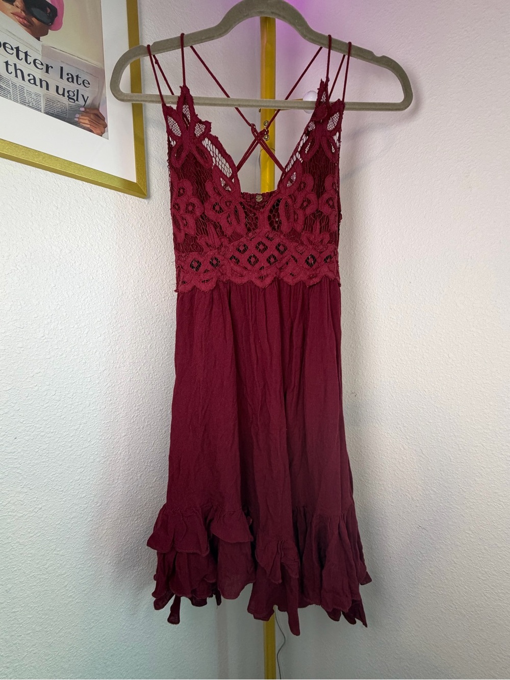 Free People Adella Slip Dress Small Burgundy Lace Boho Mini